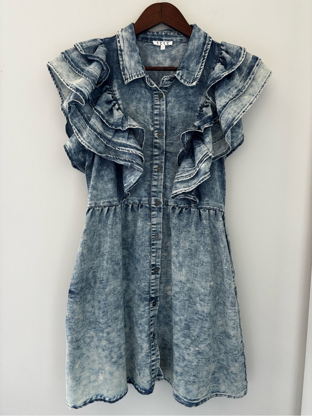 TCEC Women’s Ruffle Sleeve Acid Wash Denim Dress Size Small Y2K Coquette - Picture 7 of 11